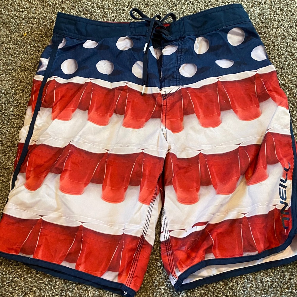 O'Neill Board Shorts Mens Red White Blue 31 Solo Cup Flag Print Swim Trunks